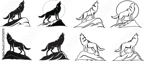 Howling wolf silhouette and outline vector icon set, perfect for outdoor gear branding, wildlife logos, tattoos, and tribal design elements."