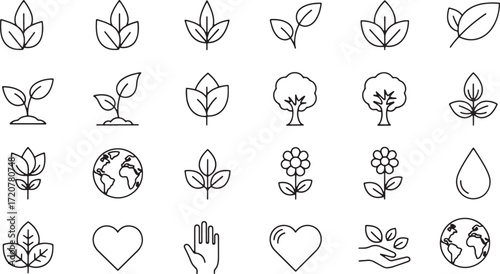 Illustration of collection of nature and eco symbols, isolated on white background