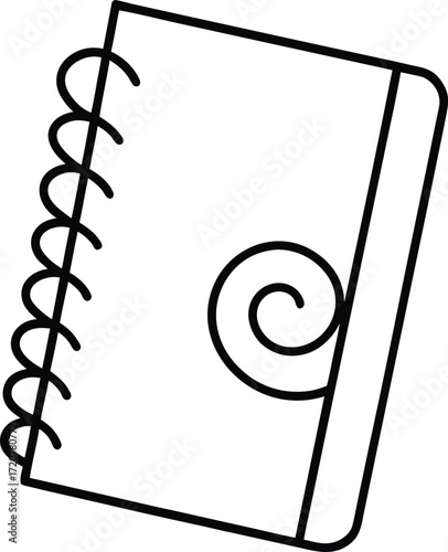 Vector art of simple line drawing of a spiral notebook with a swirl on the cover
