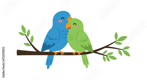 Charming pair of budgies perched together on a branch with green leaves symbolizing friendship and love isolated on white background