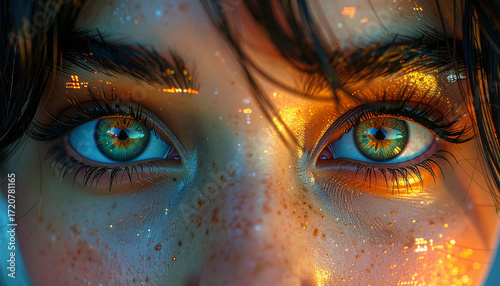 Golden Gaze of the Future: A close-up shot unveils the intense, emerald-green eyes of a woman, her gaze filled with the promise of tomorrow, reflecting a blend of technology and inner light.