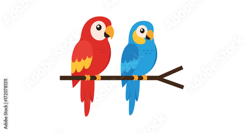 Cute cartoon macaw parrots perched on a branch symbolizing love and companionship isolated on white background