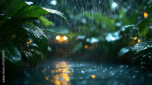 Rainy Scene (Night/Dim Light): Large Green Leaves with Glistening Drops in Foreground, Rain Streaks, Blurred Bokeh Lights (Gold/White/Light Blue) with Reflections