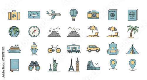 Travel and tourism icons set vacation adventure trip planning and holiday destination vector illustration