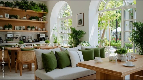 cozy low interior, green light, 1_4K_10s cafe morning furniture, --motion calm refreshing and inviting 91_51 atmosphere, wooden plants, 91032598 1