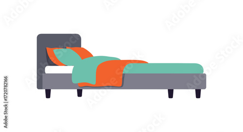 Cozy bedroom scene with contemporary bed and colorful bedding isolated on white background