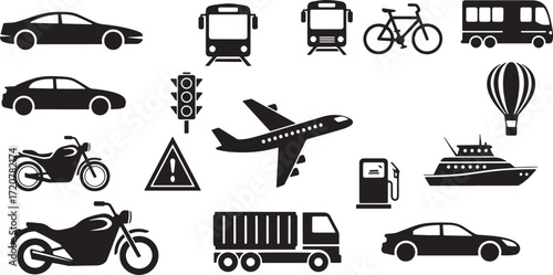 Illustration of collection of various transportation and traffic icons isolated on white background