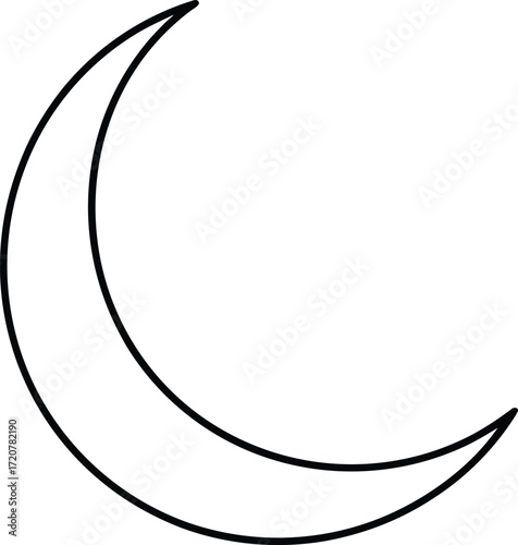 Vector art of a simple black outline of a crescent moon isolated on a, representing a celestial body in its waxing or waning phase