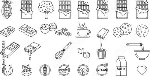 Illustration of collection of chocolate and baking icons isolated on white background