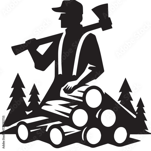 "Woodcutter with Axe - Vector Illustration of Lumberjack in Forest with Logs"
