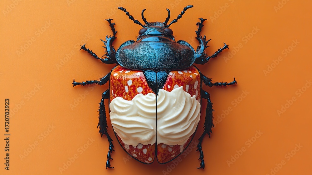 © Wallpaper - hyperrealistic photo of a deep-blue orange red ivory-white beetle with big whipped-cream cake illustration on back