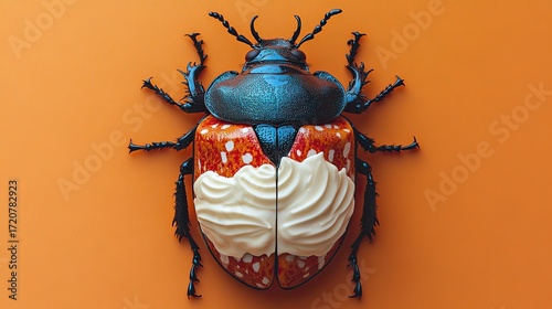 hyperrealistic photo of a deep-blue orange red ivory-white beetle with big whipped-cream cake illustration on back
