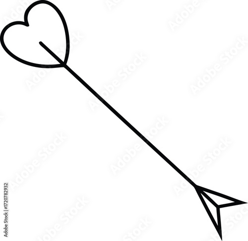Vector art of a simple black and white line drawing of cupids arrow with a heartshaped head, isolated on a
