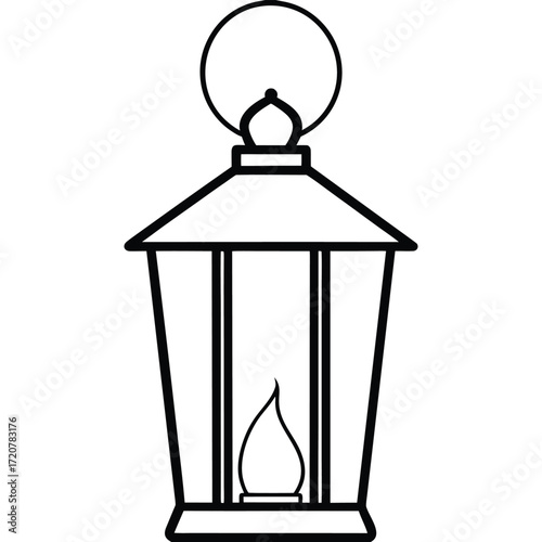 Vector art of a simple black and white line art illustration of a classic lantern with a flame inside, isolated on a