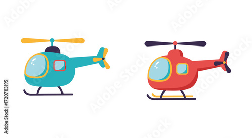 Two cartoon helicopters blue and red side by side for children's designs isolated on white background