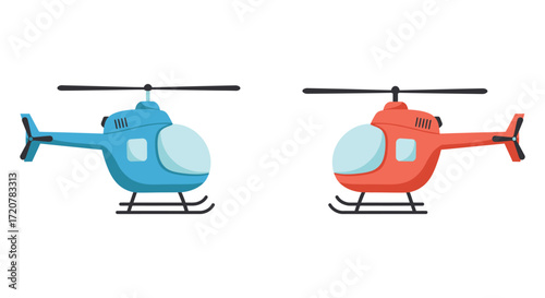 Two cartoon helicopters blue and orange transport aviation aircraft flying machine detailed simple graphics isolated on white background