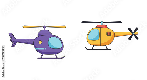Two cartoon helicopters one purple one yellow side by side on a white surface isolated on white background
