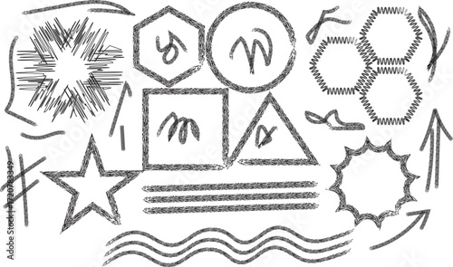 Collection of handdrawn graphic elements and symbols isolated on white background