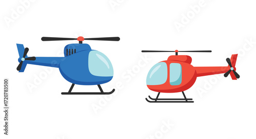 Two colorful cartoon helicopters blue and red side by side for transportation or aviation concepts isolated on white background