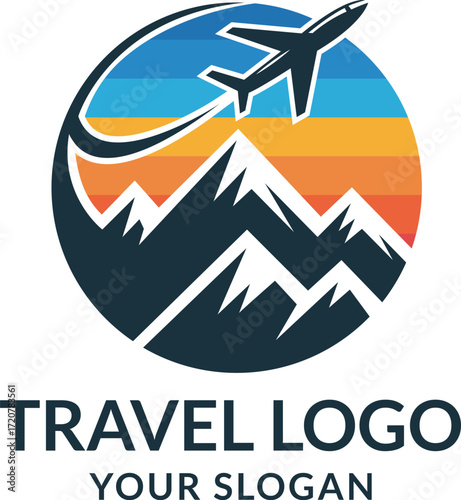Airplane flying over mountain peaks in a circular logo design