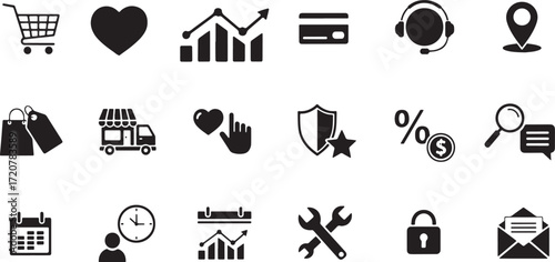 Illustration of collection of black business and ecommerce icons isolated on white background