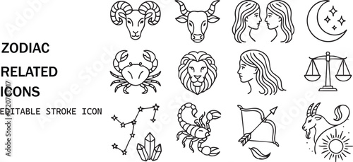 Collection of zodiac signs icons representing astrology and celestial symbols isolated on white background