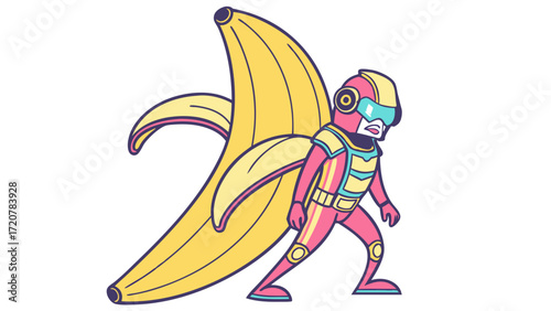 Cartoon Banana Superhero with Visor and Pink Suit Ready for Action