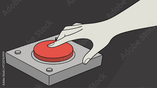 Cartoon hand pressing a large round red button on a gray box