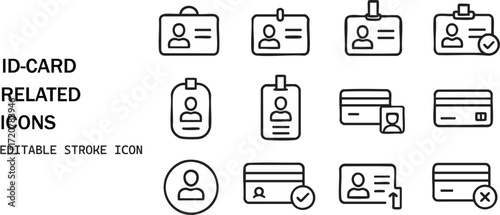 Id card related line icons set for digital use personnel identification access control cards isolated on white background