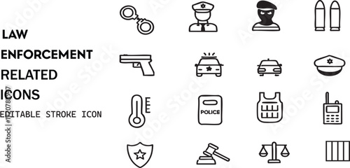 Law enforcement related icons set featuring police tools justice symbols and security equipment isolated on white background