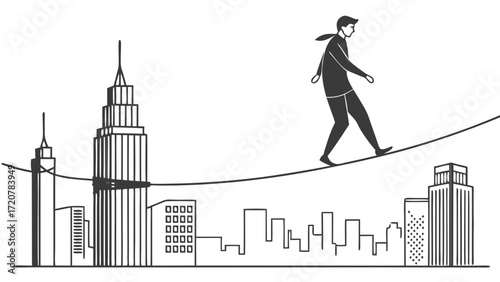 Businessman Tightrope Walking Above Cityscape