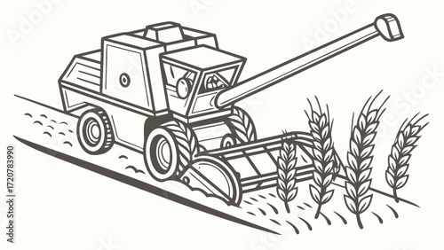 Combine Harvester Harvesting Wheat Field Line Art Illustration