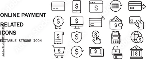 Online payment icons collection for digital transactions and e-commerce finance isolated on white background