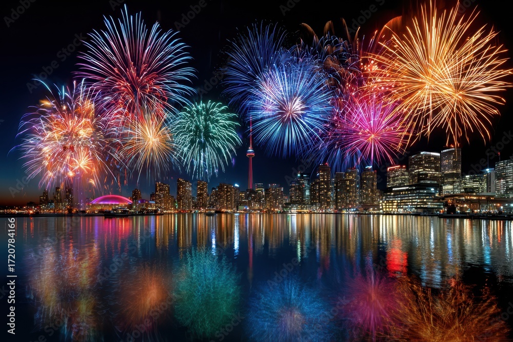 Obraz premium Fireworks over a City Skyline at Night