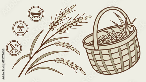 Handdrawn Wheat Ears and Basket Filled with Noodles