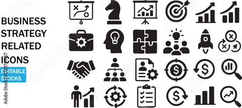 Collection of business strategy related icons representing growth planning and success concepts isolated on white background