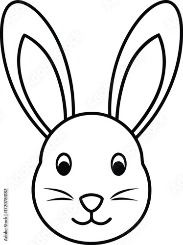 Vector art of simple black and white line art illustration of a cute bunny rabbit face with long ears, whiskers, and a smiling mouth