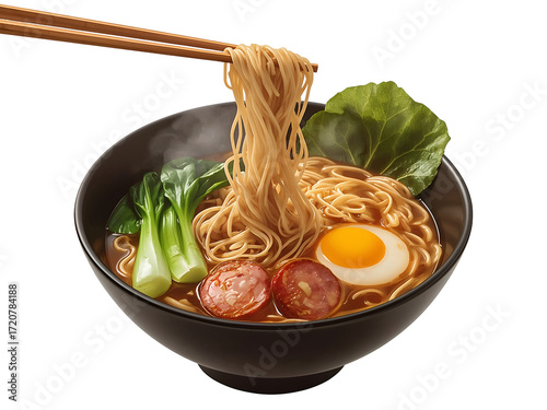 Delicious Ramen Noodles with Egg, Sausage and Greens in a Black Bowl asian food japanese food isolated on a transparent background