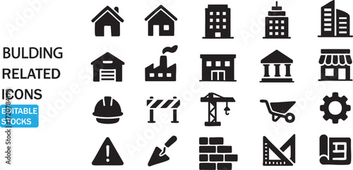Collection of building and construction related icons for design and development projects isolated on white background