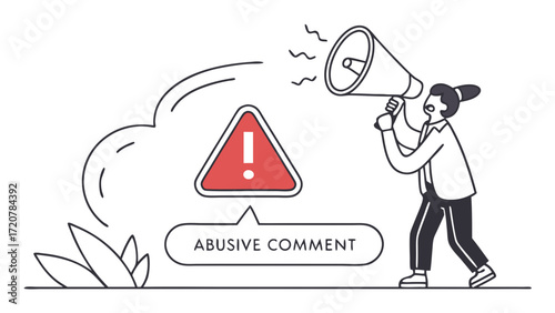 Woman with Megaphone Addressing Abusive Comment with Red Triangle Warning Sign