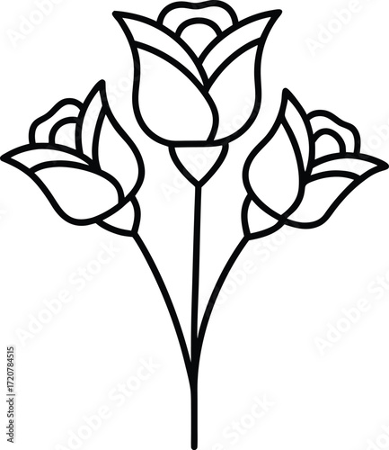 Vector art of a simple, elegant line art illustration of three rose flowers with buds, isolated on a, symbolizing love, beauty, and natures delicate artistry