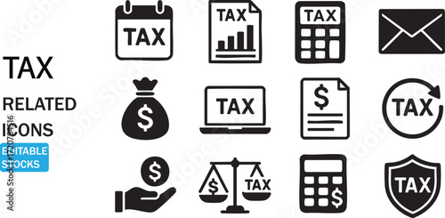 Collection of tax related icons representing finance accounting and legal matters isolated on white background