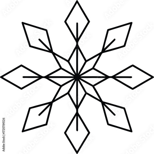 Vector art of a stylized black and white geometric snowflake design, isolated on a, featuring sharp lines and diamond shapes arranged in a symmetrical pattern, representing winter and cold