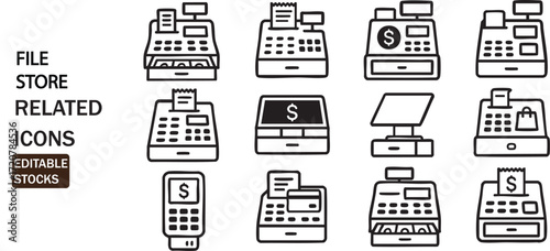 Collection of various cash register and payment terminal icons for retail and business applications isolated on white background