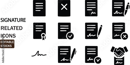 Collection of signature and document icons for digital agreements and legal processes isolated on white background
