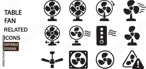 Collection of table fan related icons for cooling and ventilation systems design isolated on white background