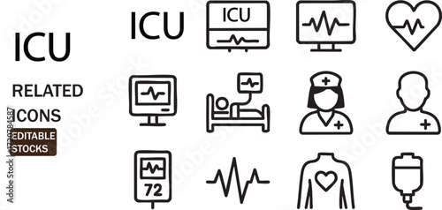 Collection of icu and medical care icons depicting healthcare services and equipment isolated on white background