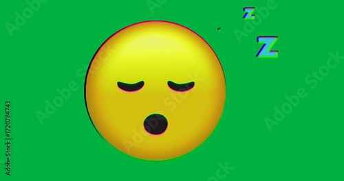 Sleeping emoji floating on transparent void, glitching edges with cyan green Zs for digital design