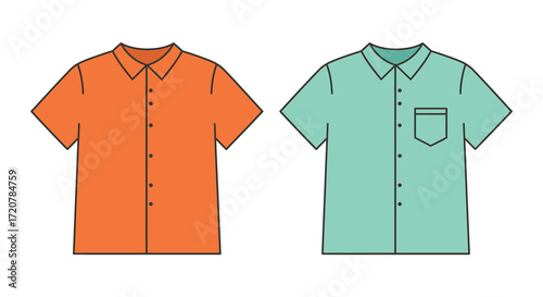 Two short sleeve button down shirts side by side orange and teal casual wear apparel isolated on white background