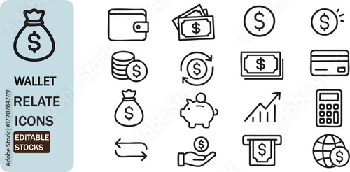 Collection of financial icons showing money wallet savings cash transactions and business growth concepts isolated on white background